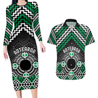 Personalised Aotearoa Niho Taniwha Motif Couples Matching Long Sleeve Bodycon Dress and Hawaiian Shirt Green Style