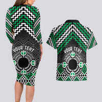 Personalised Aotearoa Niho Taniwha Motif Couples Matching Long Sleeve Bodycon Dress and Hawaiian Shirt Green Style