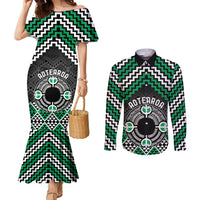 Personalised Aotearoa Niho Taniwha Motif Couples Matching Mermaid Dress and Long Sleeve Button Shirt Green Style