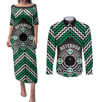 Personalised Aotearoa Niho Taniwha Motif Couples Matching Puletasi and Long Sleeve Button Shirt Green Style
