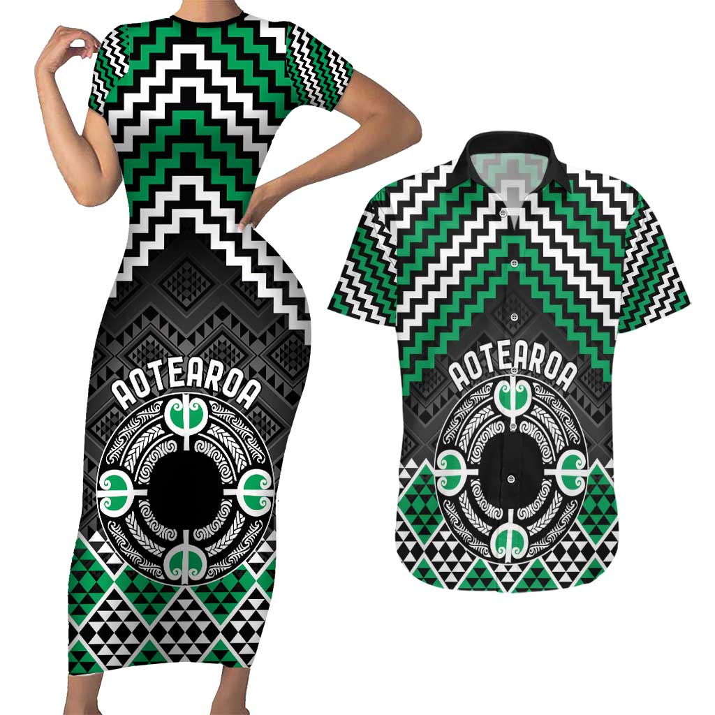 Personalised Aotearoa Niho Taniwha Motif Couples Matching Short Sleeve Bodycon Dress and Hawaiian Shirt Green Style