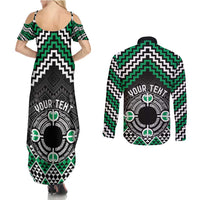 Personalised Aotearoa Niho Taniwha Motif Couples Matching Summer Maxi Dress and Long Sleeve Button Shirt Green Style