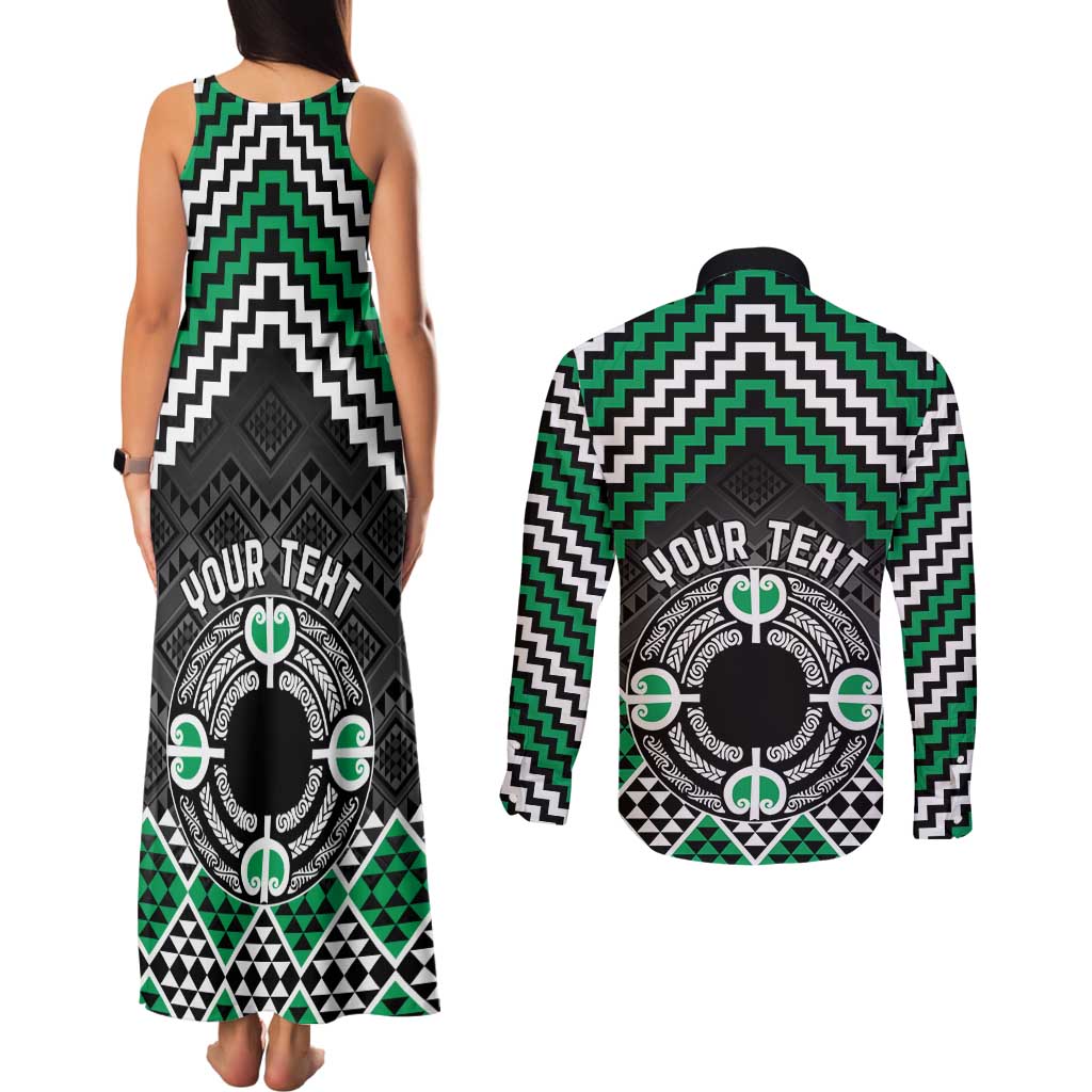 Personalised Aotearoa Niho Taniwha Motif Couples Matching Tank Maxi Dress and Long Sleeve Button Shirt Green Style
