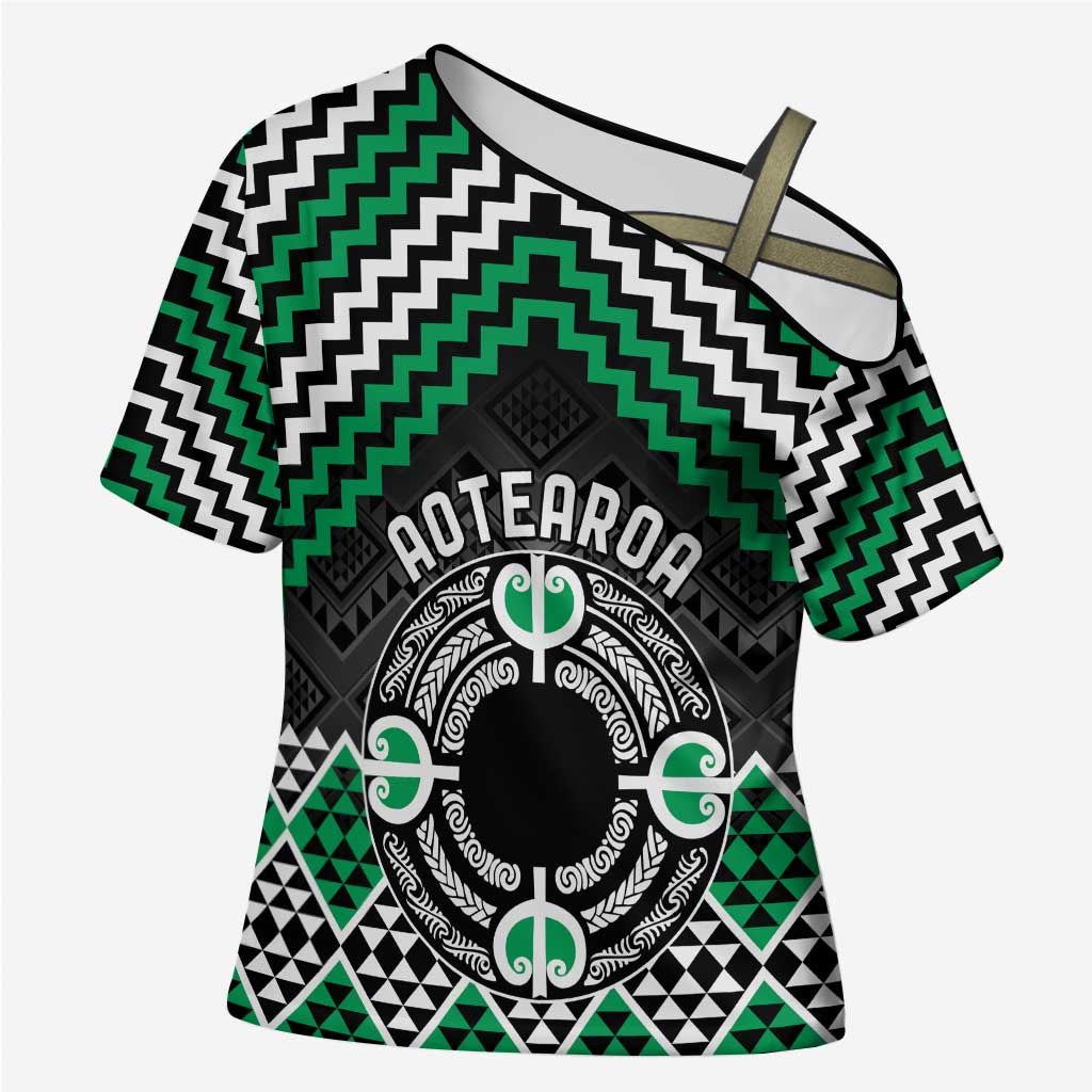 Personalised Aotearoa Niho Taniwha Motif Cross Shoulder Shirt Green Style LT9 Female Green - Polynesian Pride