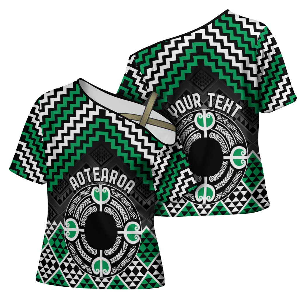 Personalised Aotearoa Niho Taniwha Motif Cross Shoulder Shirt Green Style - Polynesian Pride