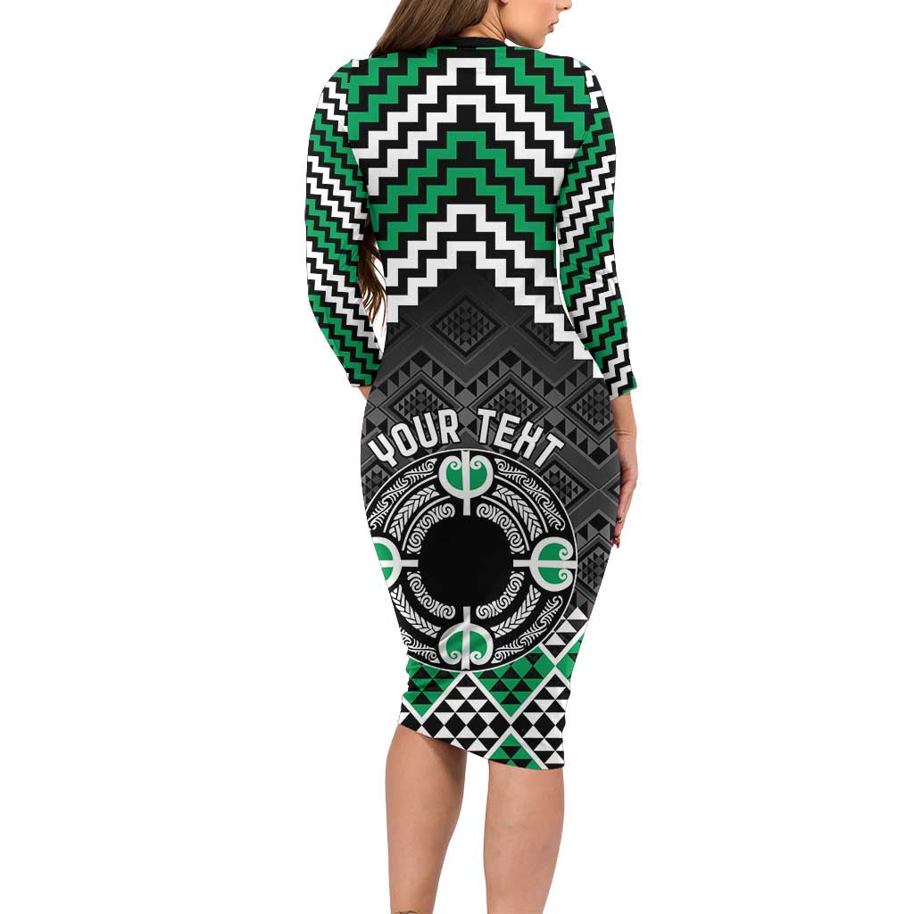 Personalised Aotearoa Niho Taniwha Motif Family Matching Long Sleeve Bodycon Dress and Hawaiian Shirt Green Style