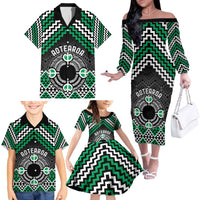 Personalised Aotearoa Niho Taniwha Motif Family Matching Off The Shoulder Long Sleeve Dress and Hawaiian Shirt Green Style