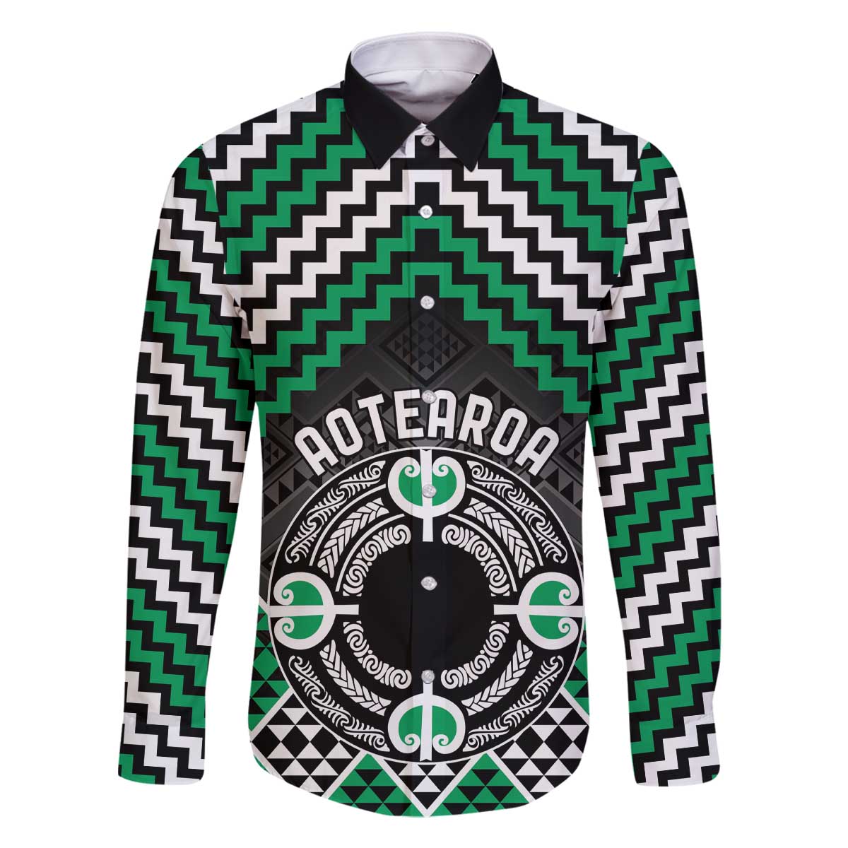 Personalised Aotearoa Niho Taniwha Motif Family Matching Off The Shoulder Long Sleeve Dress and Hawaiian Shirt Green Style