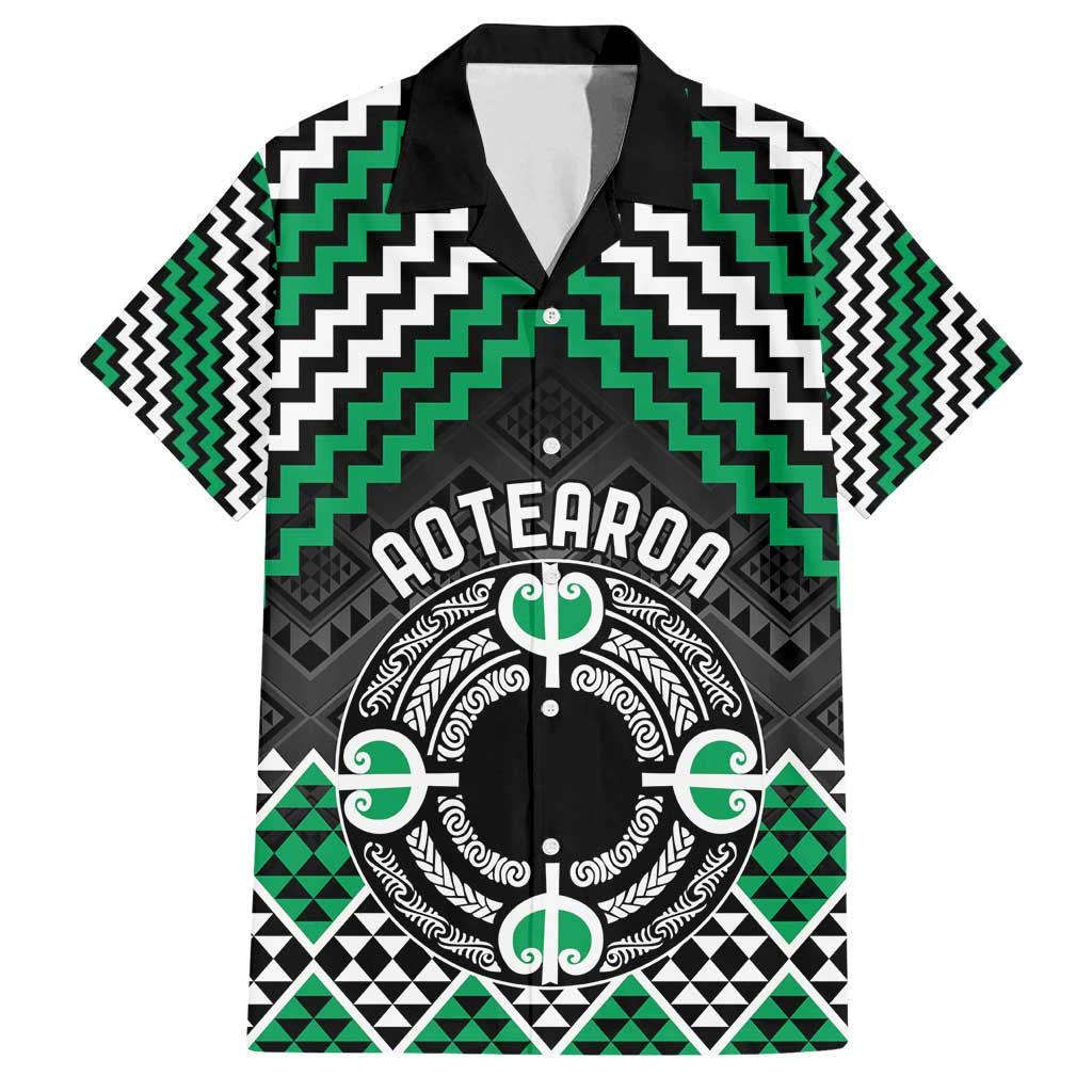Personalised Aotearoa Niho Taniwha Motif Family Matching Off Shoulder Maxi Dress and Hawaiian Shirt Green Style