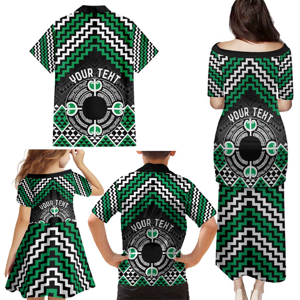 Personalised Aotearoa Niho Taniwha Motif Family Matching Puletasi and Hawaiian Shirt Green Style