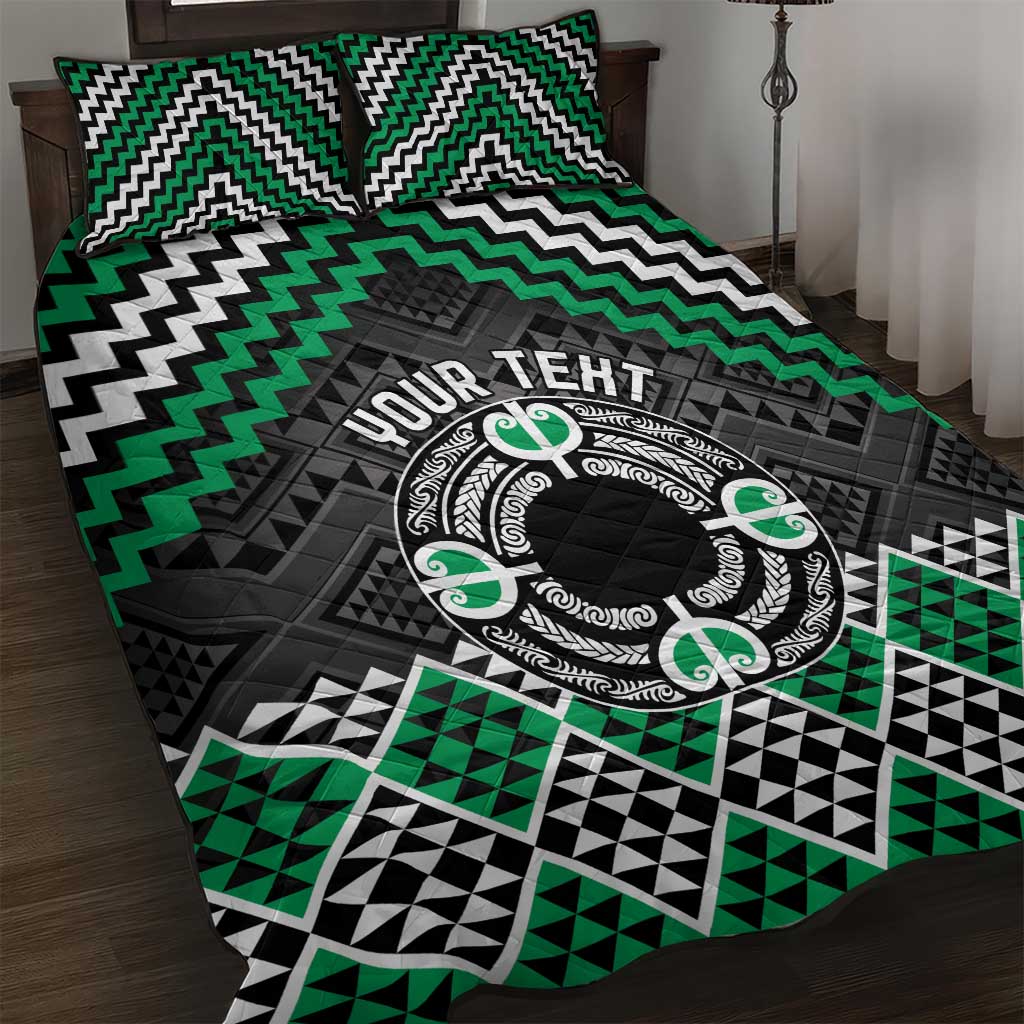 Personalised Aotearoa Niho Taniwha Motif Quilt Bed Set Green Style