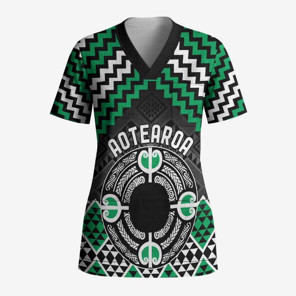 Personalised Aotearoa Niho Taniwha Motif Scrub Top Green Style LT9 Adult Green - Polynesian Pride