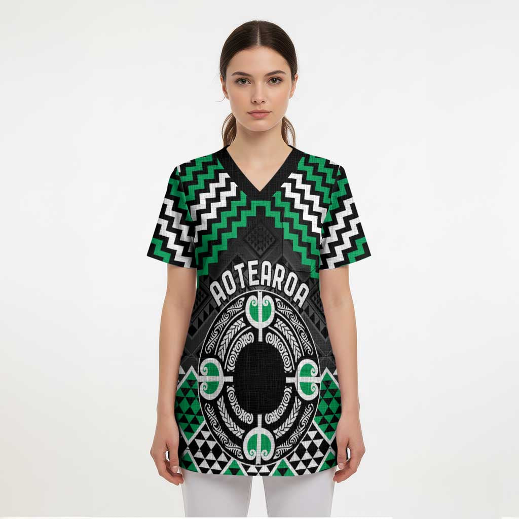 Personalised Aotearoa Niho Taniwha Motif Scrub Top Green Style - Polynesian Pride