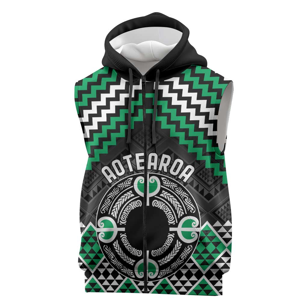 Personalised Aotearoa Niho Taniwha Motif Sleeveless Zip Hoodie Green Style LT9 Green - Polynesian Pride
