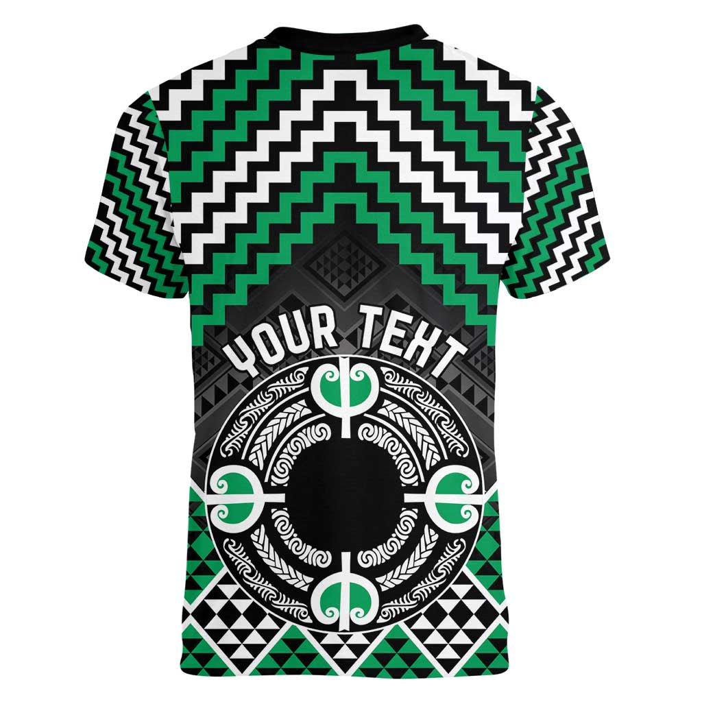 Personalised Aotearoa Niho Taniwha Motif Women V-Neck T-Shirt Green Style