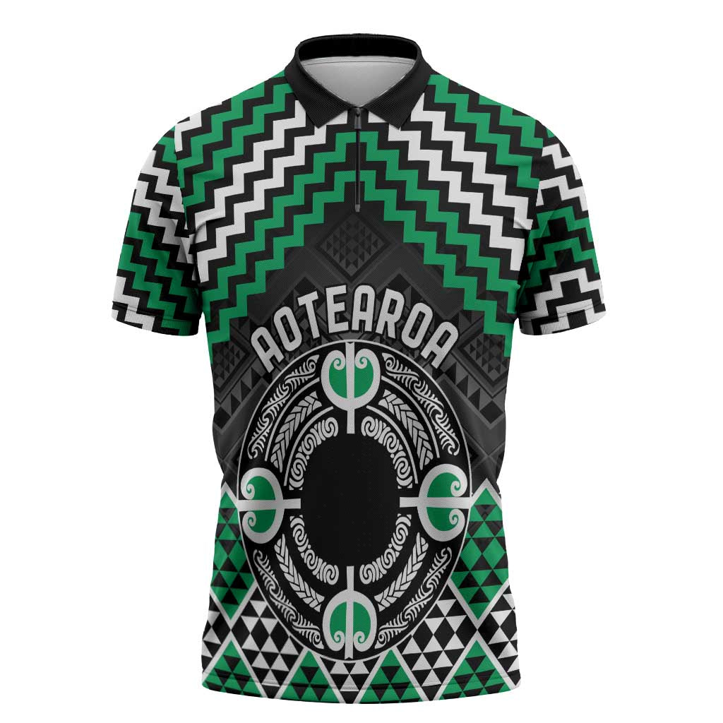 Personalised Aotearoa Niho Taniwha Motif Zipper Polo Shirt Green Style - Polynesian Pride