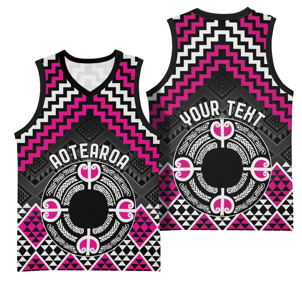 Personalised Aotearoa Niho Taniwha Motif Basketball Jersey Pink Style - Polynesian Pride