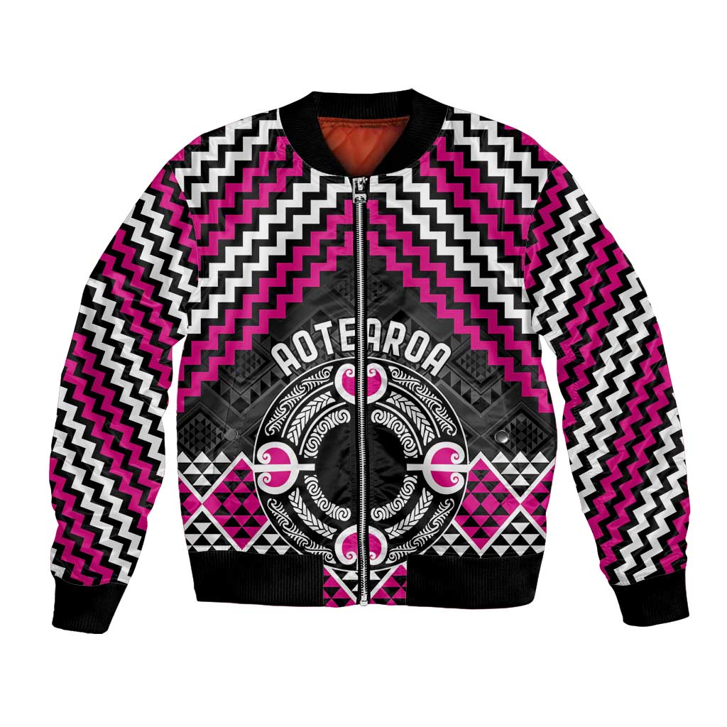 Personalised Aotearoa Niho Taniwha Motif Bomber Jacket Pink Style LT9 Unisex Pink - Polynesian Pride