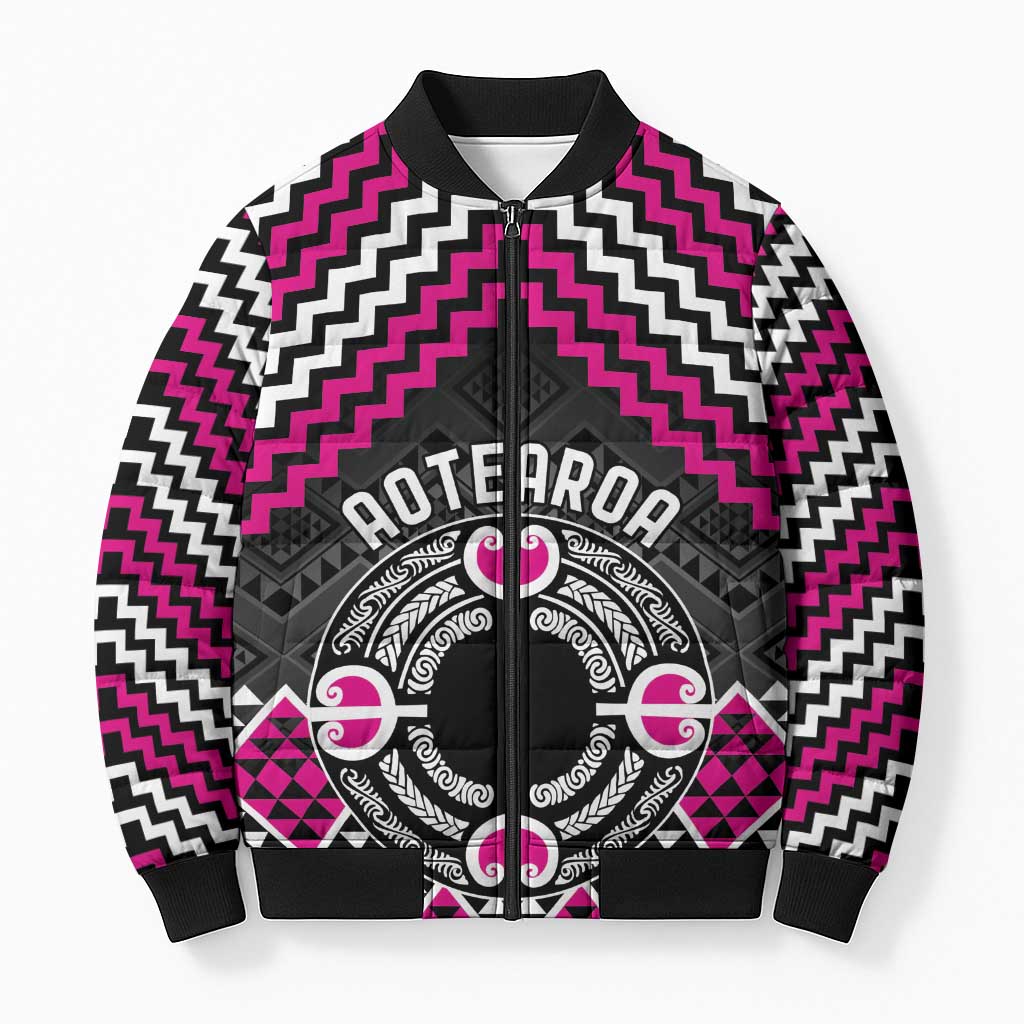 Personalised Aotearoa Niho Taniwha Motif Bomber Puffer Jacket Pink Style LT9 Unisex Pink - Polynesian Pride