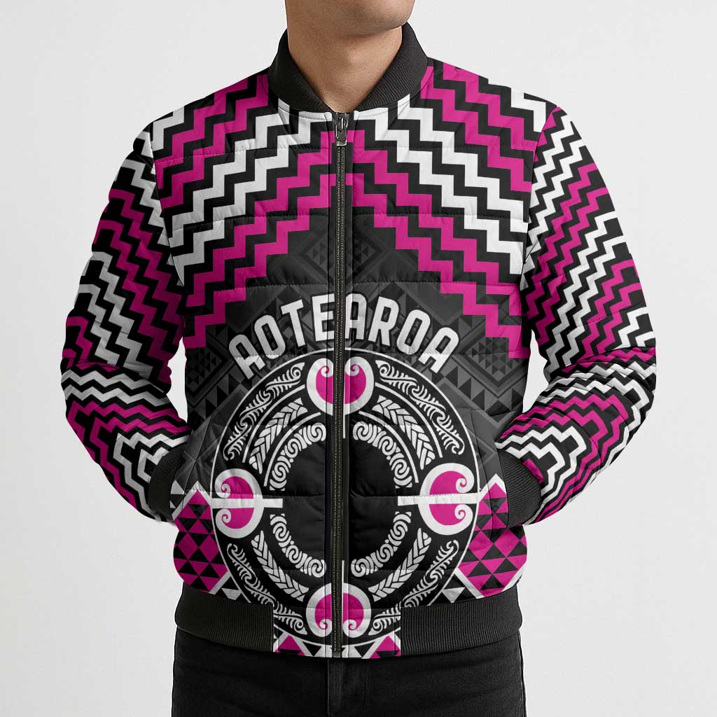 Personalised Aotearoa Niho Taniwha Motif Bomber Puffer Jacket Pink Style - Polynesian Pride