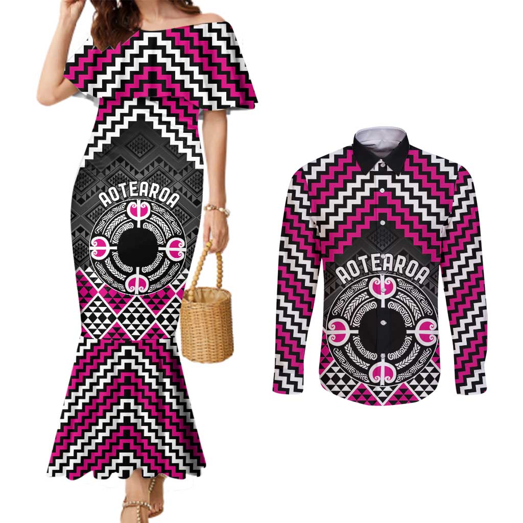 Personalised Aotearoa Niho Taniwha Motif Couples Matching Mermaid Dress and Long Sleeve Button Shirt Pink Style LT9 Pink - Polynesian Pride