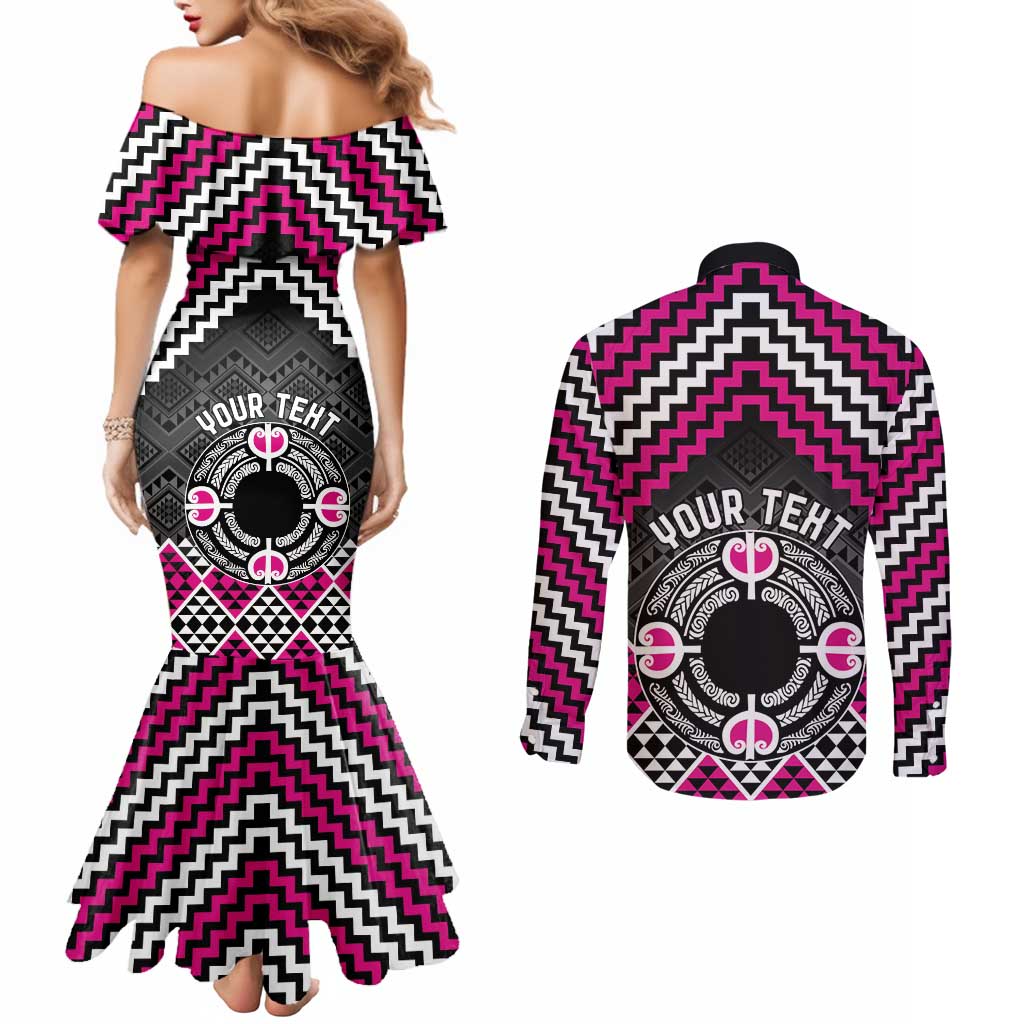 Personalised Aotearoa Niho Taniwha Motif Couples Matching Mermaid Dress and Long Sleeve Button Shirt Pink Style