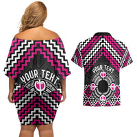 Personalised Aotearoa Niho Taniwha Motif Couples Matching Off Shoulder Short Dress and Hawaiian Shirt Pink Style