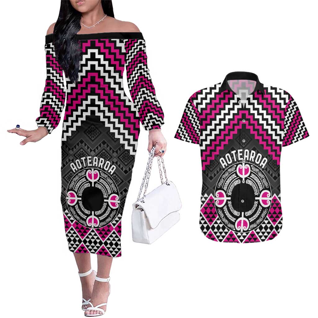 Personalised Aotearoa Niho Taniwha Motif Couples Matching Off The Shoulder Long Sleeve Dress and Hawaiian Shirt Pink Style