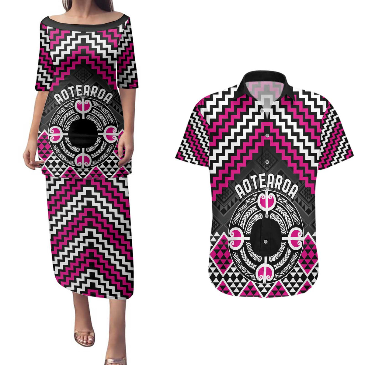 Personalised Aotearoa Niho Taniwha Motif Couples Matching Puletasi and Hawaiian Shirt Pink Style