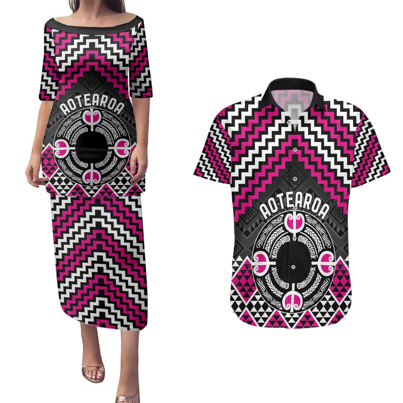 Personalised Aotearoa Niho Taniwha Motif Couples Matching Puletasi and Hawaiian Shirt Pink Style LT9 Pink - Polynesian Pride
