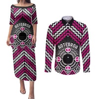 Personalised Aotearoa Niho Taniwha Motif Couples Matching Puletasi and Long Sleeve Button Shirt Pink Style