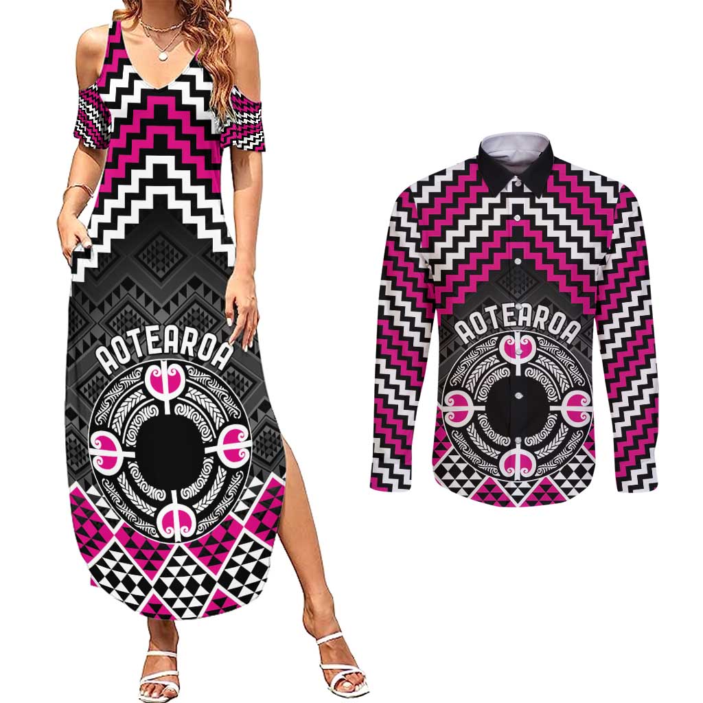 Personalised Aotearoa Niho Taniwha Motif Couples Matching Summer Maxi Dress and Long Sleeve Button Shirt Pink Style LT9 Pink - Polynesian Pride