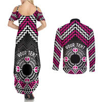 Personalised Aotearoa Niho Taniwha Motif Couples Matching Summer Maxi Dress and Long Sleeve Button Shirt Pink Style