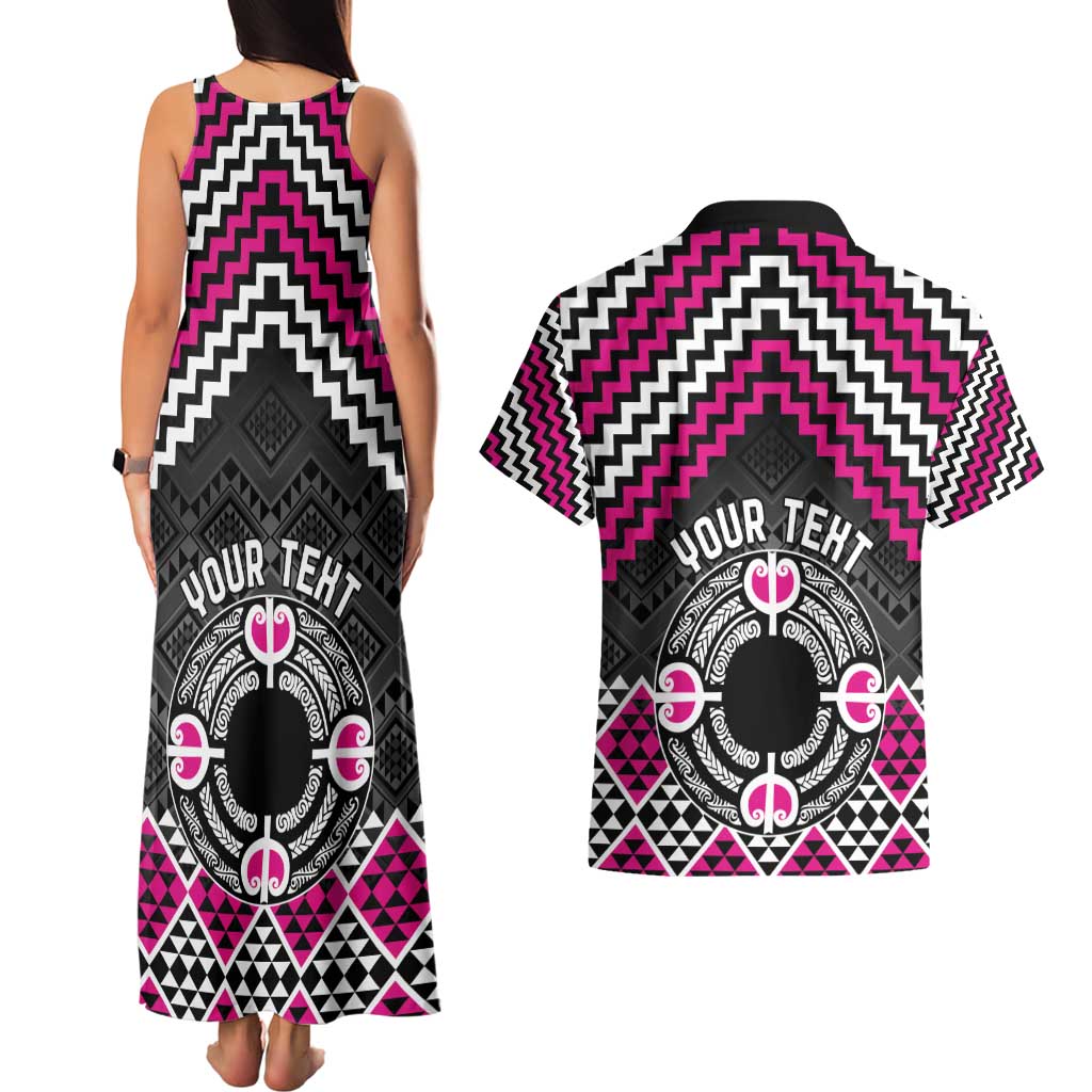 Personalised Aotearoa Niho Taniwha Motif Couples Matching Tank Maxi Dress and Hawaiian Shirt Pink Style