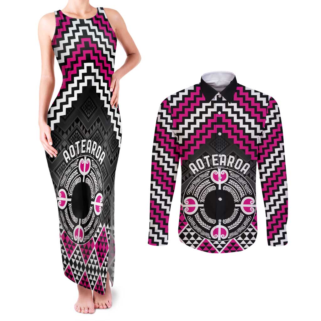 Personalised Aotearoa Niho Taniwha Motif Couples Matching Tank Maxi Dress and Long Sleeve Button Shirt Pink Style LT9 Pink - Polynesian Pride