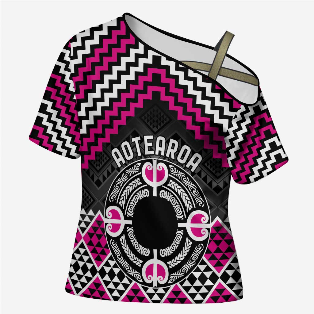 Personalised Aotearoa Niho Taniwha Motif Cross Shoulder Shirt Pink Style LT9 Female Pink - Polynesian Pride
