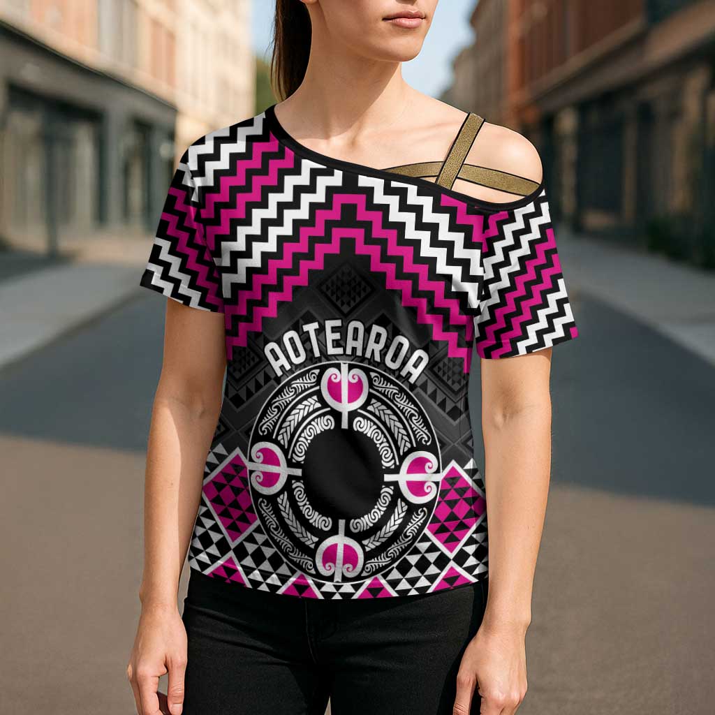 Personalised Aotearoa Niho Taniwha Motif Cross Shoulder Shirt Pink Style - Polynesian Pride