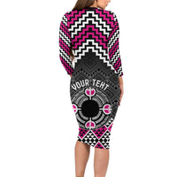 Personalised Aotearoa Niho Taniwha Motif Family Matching Long Sleeve Bodycon Dress and Hawaiian Shirt Pink Style