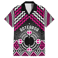 Personalised Aotearoa Niho Taniwha Motif Family Matching Off The Shoulder Long Sleeve Dress and Hawaiian Shirt Pink Style