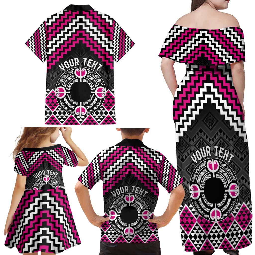 Personalised Aotearoa Niho Taniwha Motif Family Matching Off Shoulder Maxi Dress and Hawaiian Shirt Pink Style