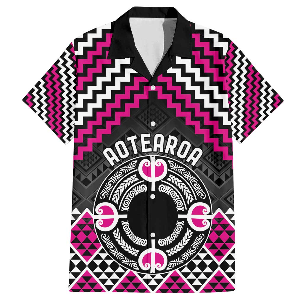 Personalised Aotearoa Niho Taniwha Motif Family Matching Puletasi and Hawaiian Shirt Pink Style