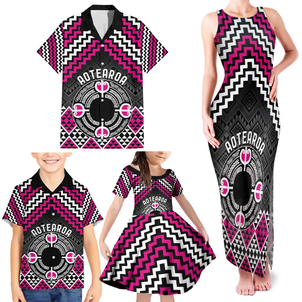 Personalised Aotearoa Niho Taniwha Motif Family Matching Tank Maxi Dress and Hawaiian Shirt Pink Style