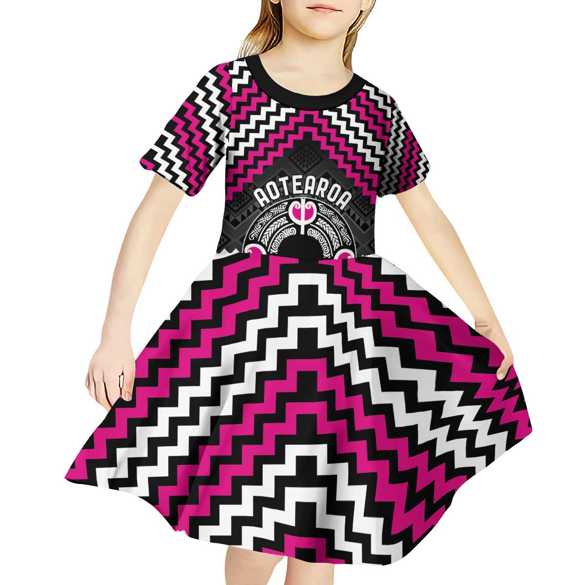 Personalised Aotearoa Niho Taniwha Motif Kid Short Sleeve Dress Pink Style
