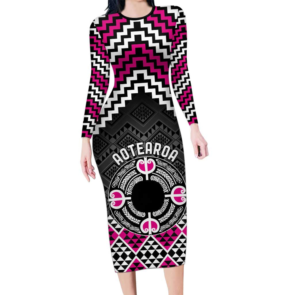 Personalised Aotearoa Niho Taniwha Motif Long Sleeve Bodycon Dress Pink Style