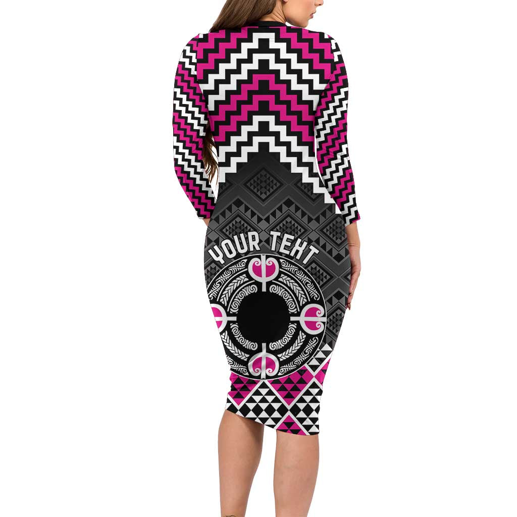 Personalised Aotearoa Niho Taniwha Motif Long Sleeve Bodycon Dress Pink Style