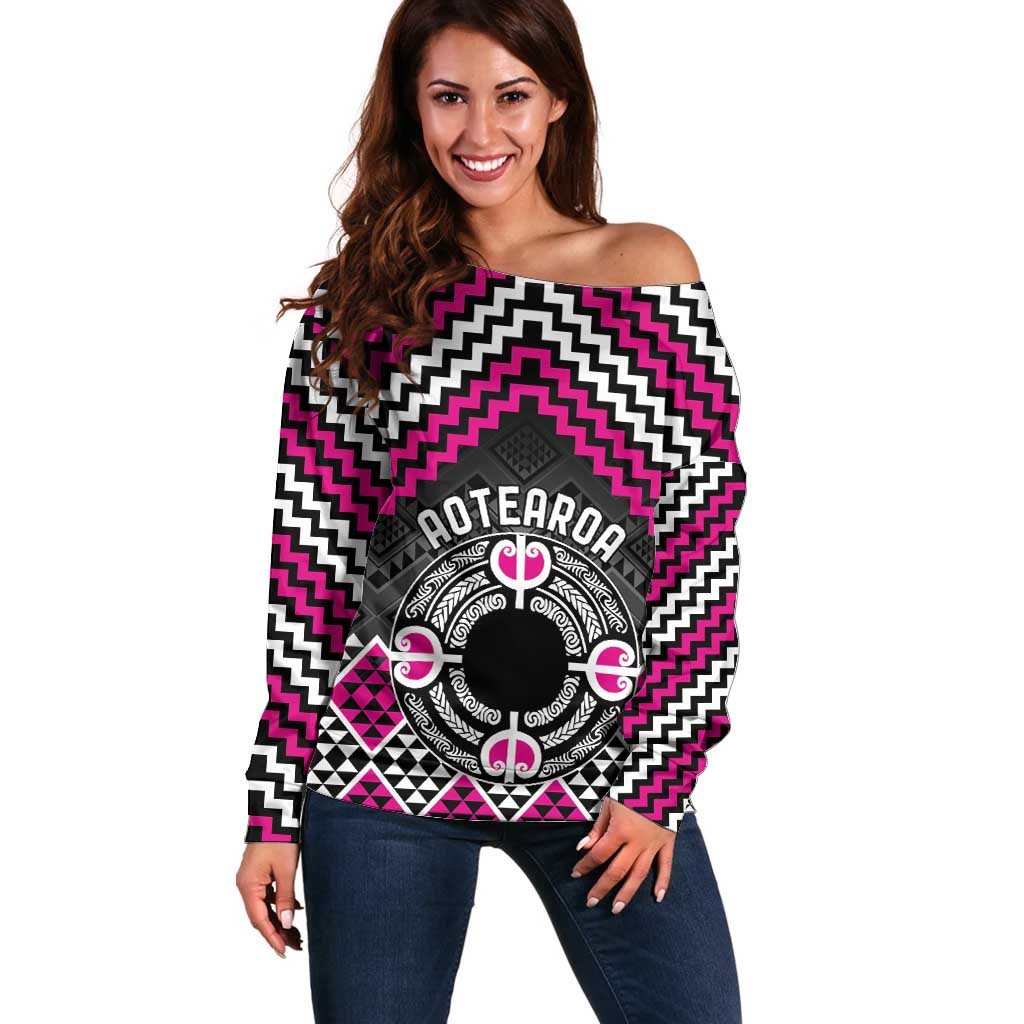 Personalised Aotearoa Niho Taniwha Motif Off Shoulder Sweater Pink Style LT9 Women Pink - Polynesian Pride