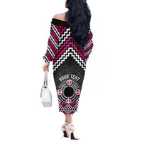 Personalised Aotearoa Niho Taniwha Motif Off The Shoulder Long Sleeve Dress Pink Style