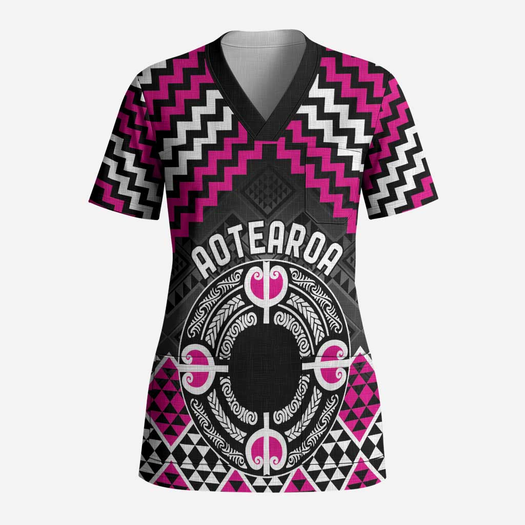 Personalised Aotearoa Niho Taniwha Motif Scrub Top Pink Style LT9 Adult Pink - Polynesian Pride