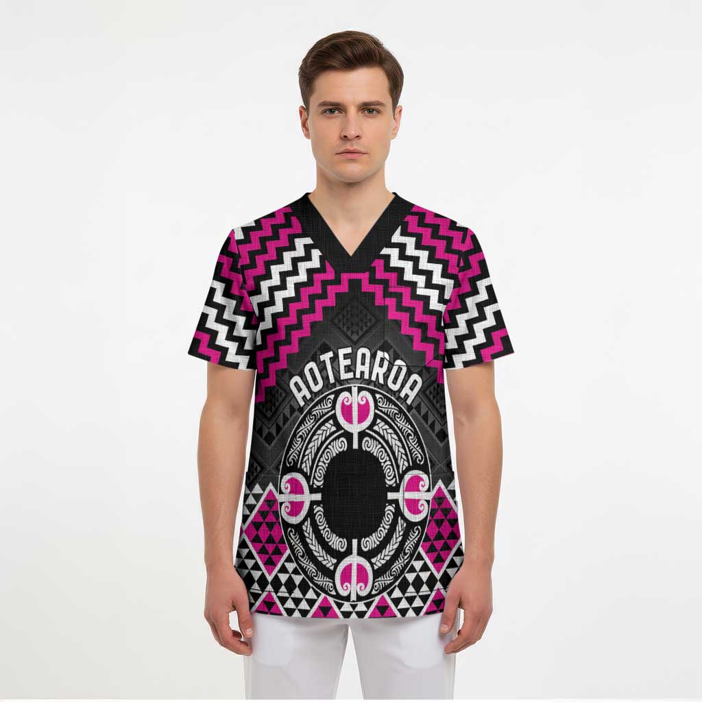 Personalised Aotearoa Niho Taniwha Motif Scrub Top Pink Style - Polynesian Pride