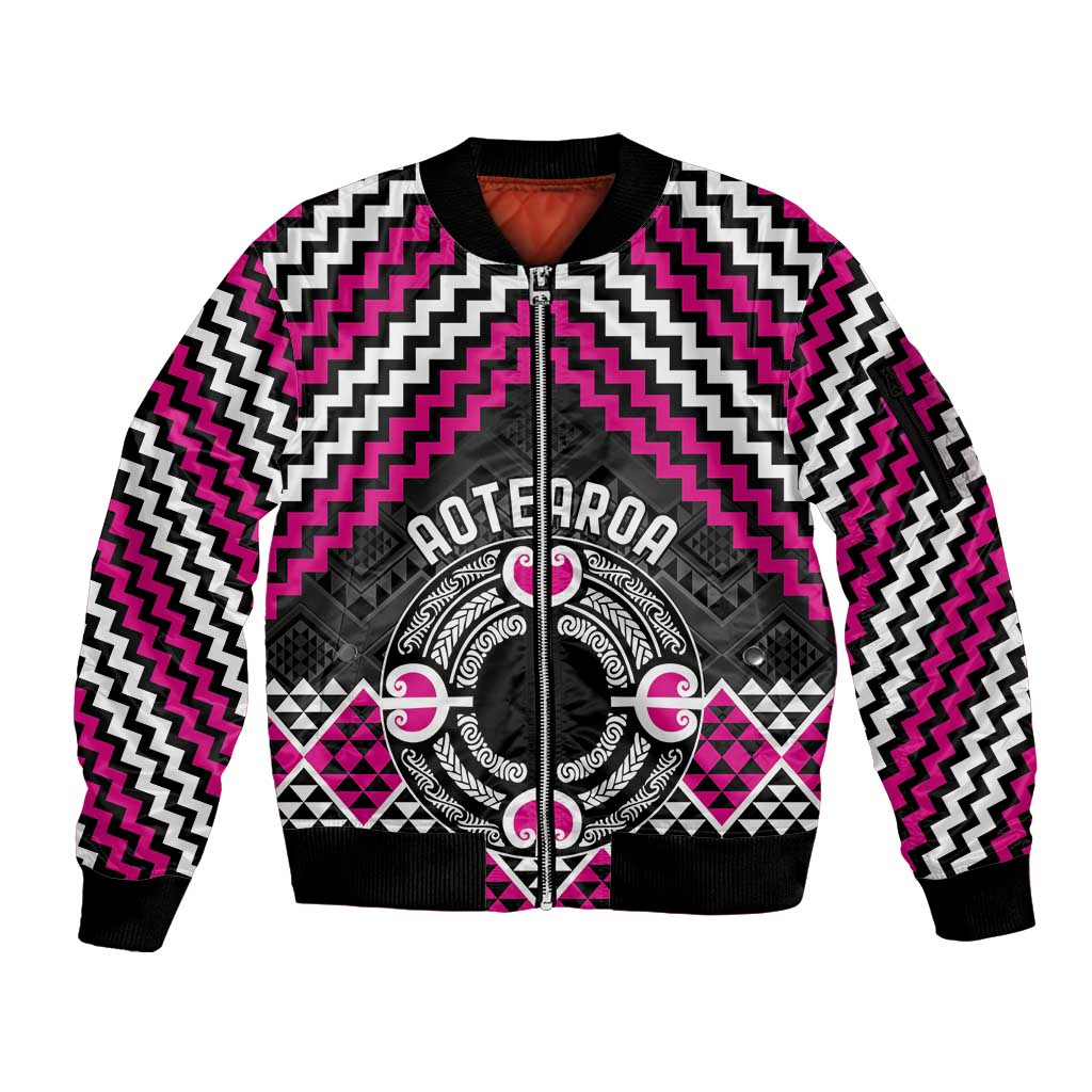 Personalised Aotearoa Niho Taniwha Motif Sleeve Zip Bomber Jacket Pink Style LT9 Unisex Pink - Polynesian Pride